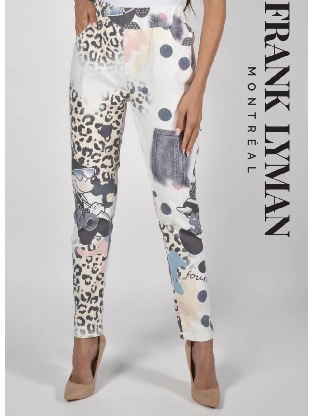 Frank Lyman Designer Graphic Off White Denim Pants Mickey Leopard Artsy Boutique